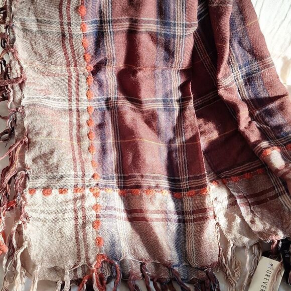 Brown plaid square fringe scarf forever 21 accessory Balaclava shawl wrap - Picture 7 of 7
